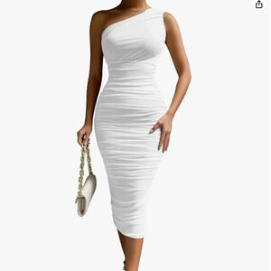 Amazon Bodycon One Shoulder Sleeveless Ruched Midi White Dress in Size Small